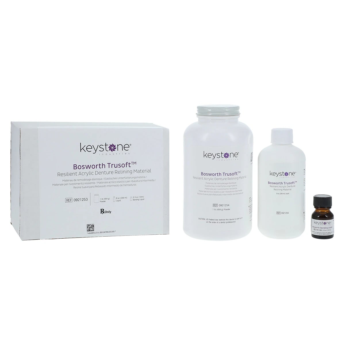 Trusoft Resilient Denture Acrylic Relining Material Bulk Kit, 1 lb Powder, 8 oz Liquid, 1/3 oz Bonding Liquid, 0921253