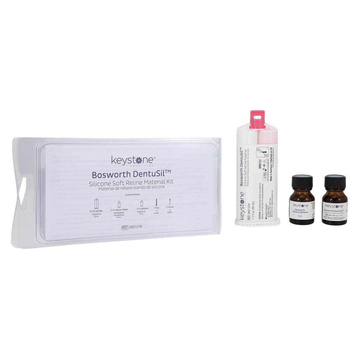 DentuSil Silicone Soft Reline Material Standard Kit, Translucent Pink, 50 ml Cartridge, 14 ml Adhesive, 10 Mixing Tips, 10 Applicator Brushes, 0921276