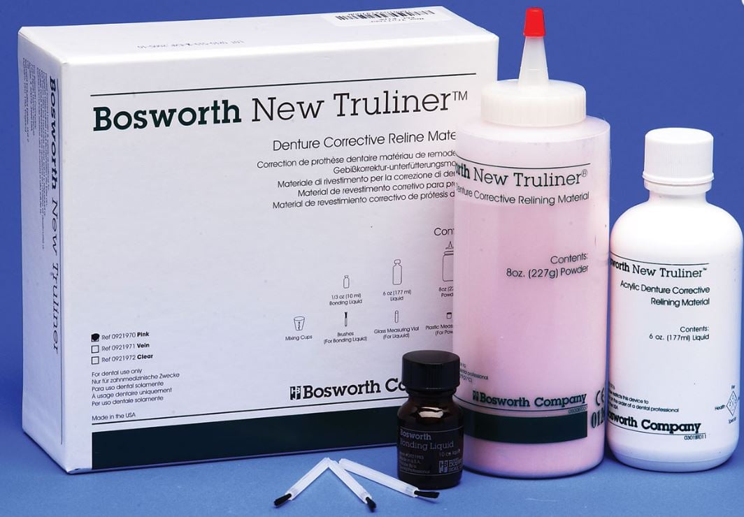 New Truliner Bulk Kit, Pink, PEMA Denture Corrective Relining Material, 1 Lb Powder, 8 oz Liquid, 1/3 oz Bonding Liquid