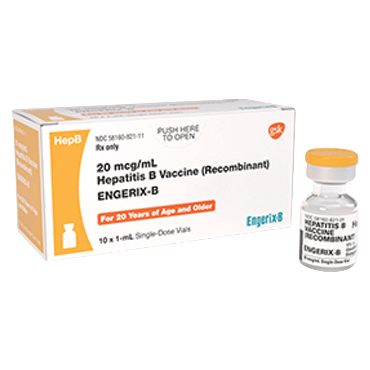 Engerix-B Hepatitis B Adult Injectable, 20mcg SDV, 1mL, 10/Package