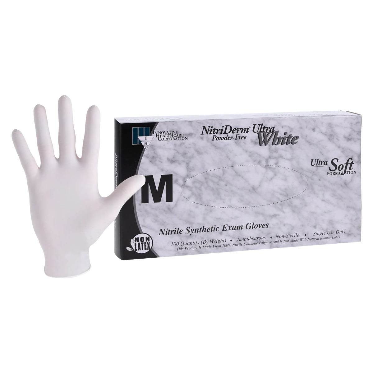 Innovative NitriDerm MED Nitrile Examination Gloves, Powder Free, Textured, White, 100/Box