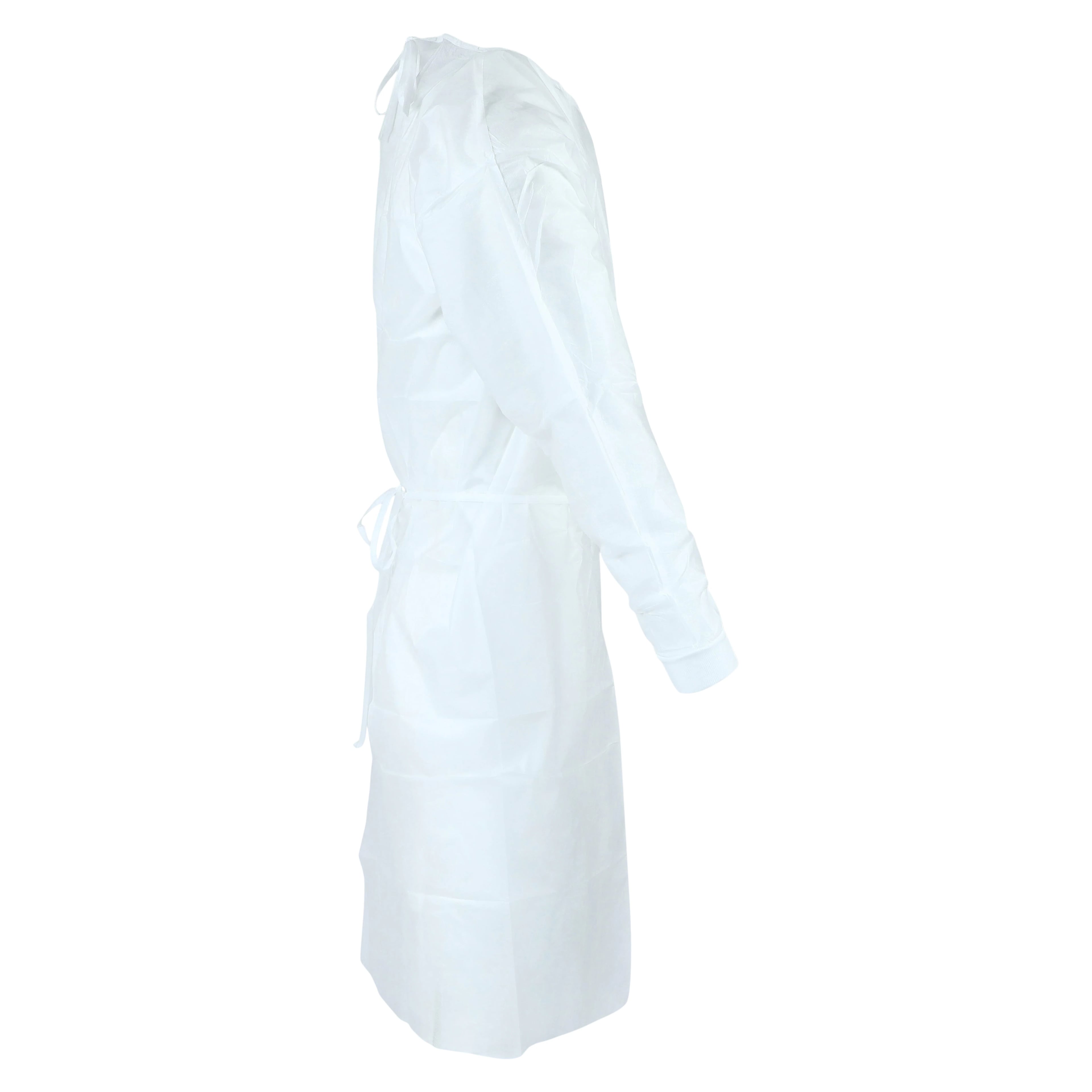 Dukal Unipack Isolation Gown SMS, Adult Regular, White, Knee Length, Non-Sterile, Tie Back, Knit Cuff, Long Sleeves, 50/Case