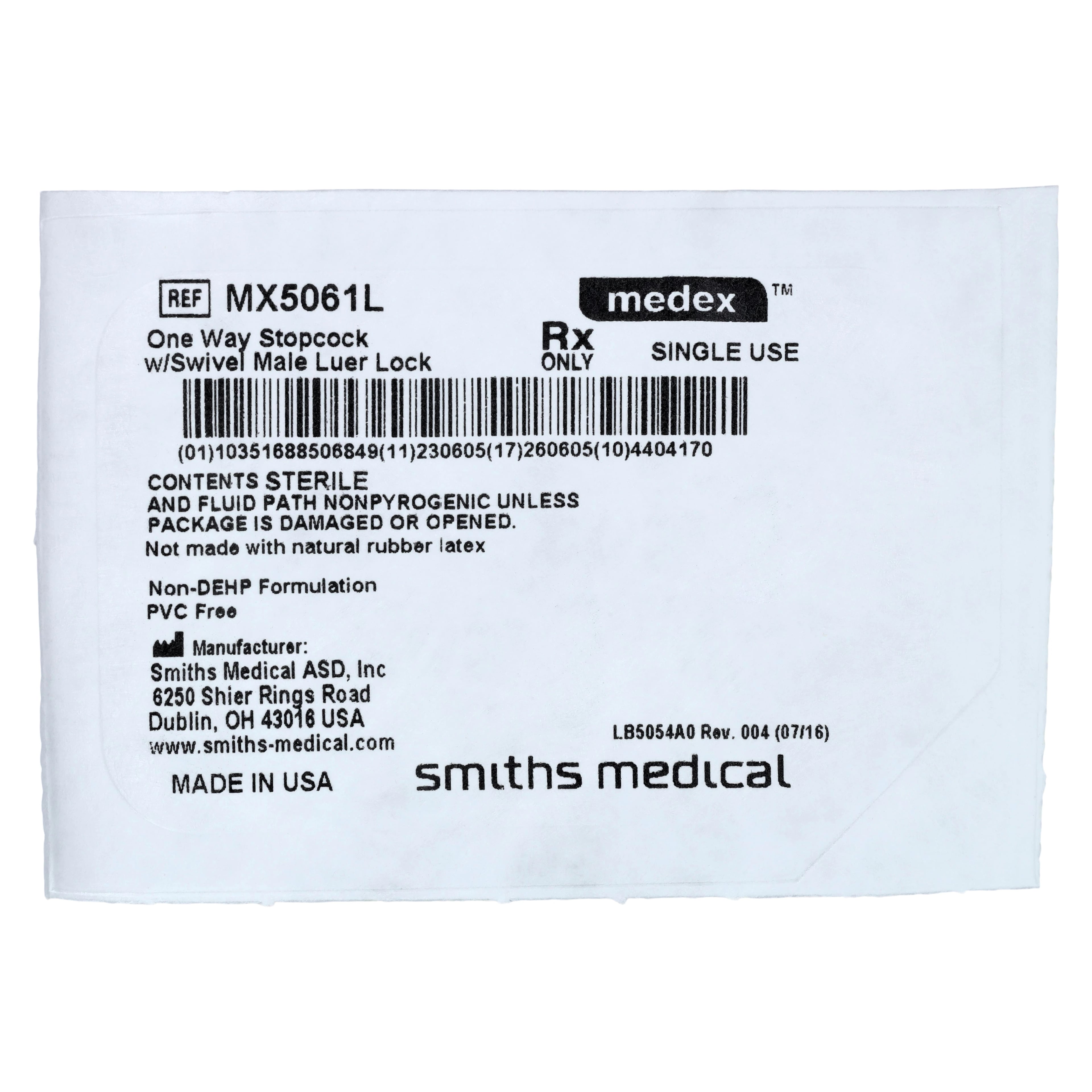 ICU Medical Medex One-Way Stopcock with Swivel Male Luer Lock, Non-Vented, Blue Cap, Sterile, 50/Case