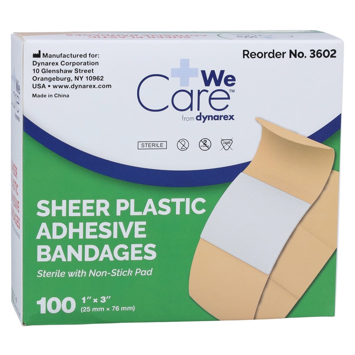 Dynarex Sheer Plastic Adhesive Bandages, 1" x 3", Sterile, 100/Box, 3602