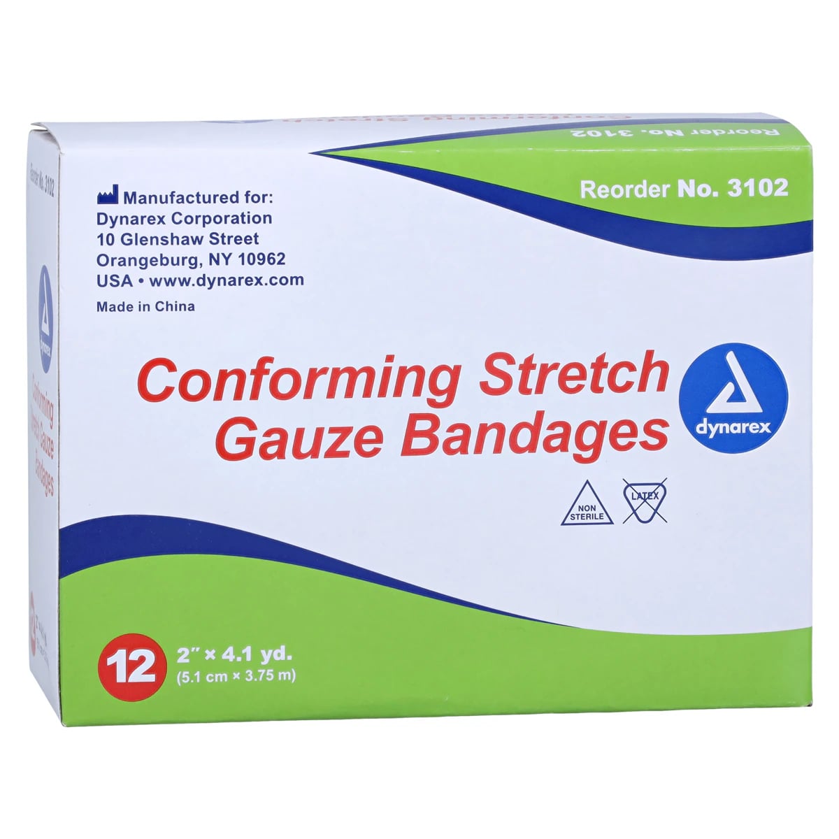 Dynarex Stretch Gauze Bandage Roll, 2" x 4.1 yd, 1-Ply, Non-Sterile, 12/Box, #3102