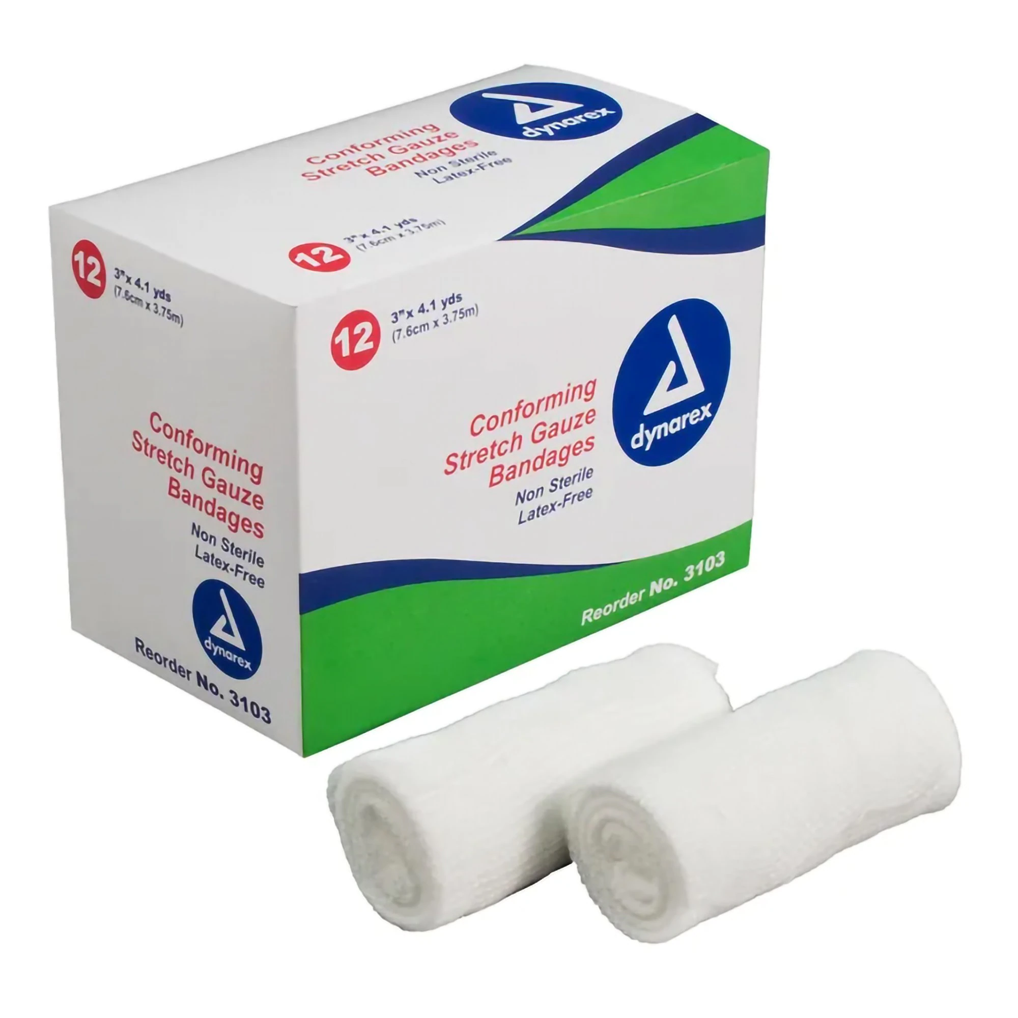 Dynarex Conforming Stretch Gauze Bandage Roll, 3" x 4.1 yd, Non-Sterile, 12/Box, #3103