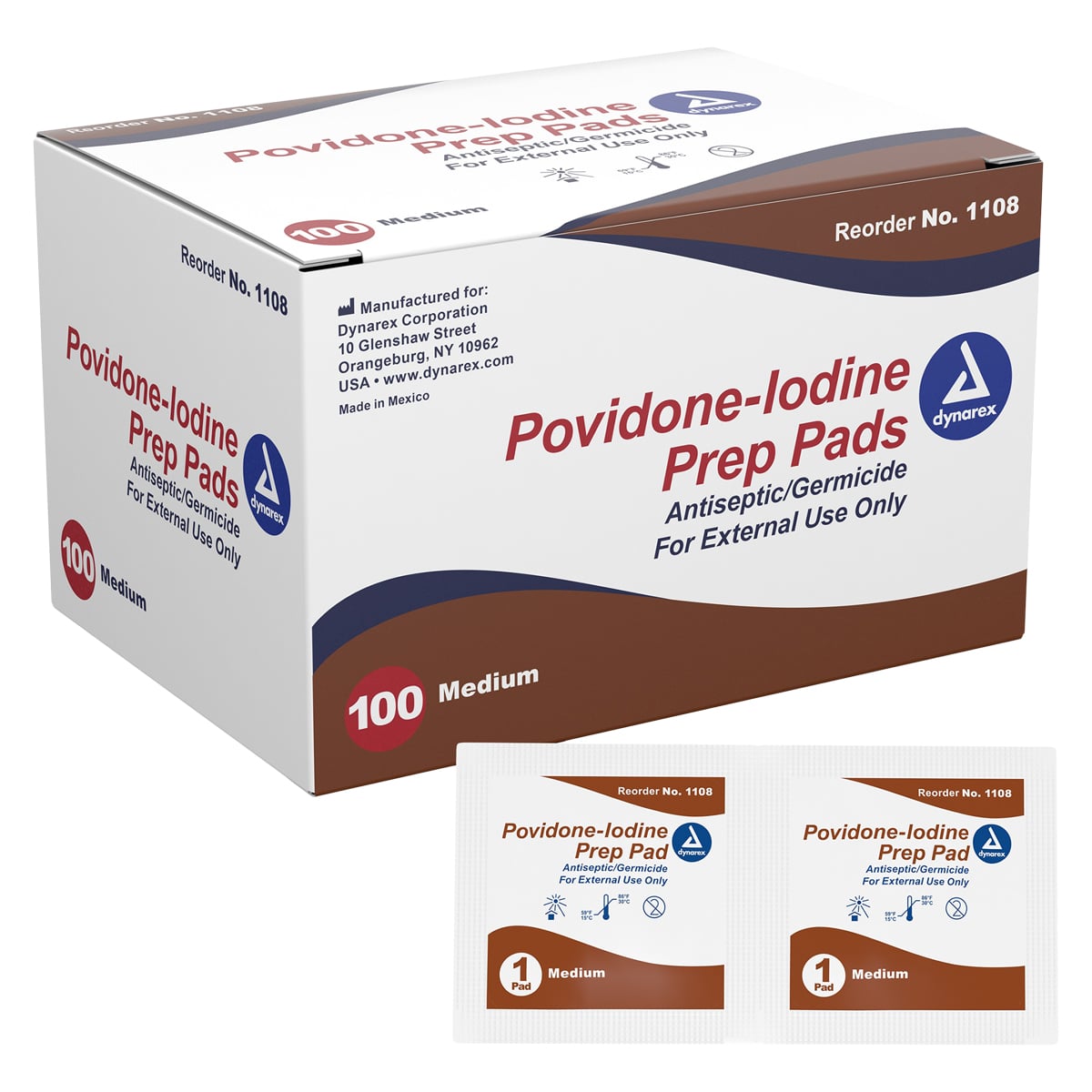 Dynarex Povidone-Iodine Prep Pads, 10%, Medium, 100/Box, 1108