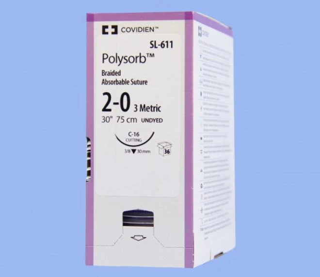Medtronic Polysorb Absorbable Suture, 2-0, 30" Polyester Braid, C-16 Reverse Cutting 3/8 Circle Needle 30mm, Undyed, 36/Case