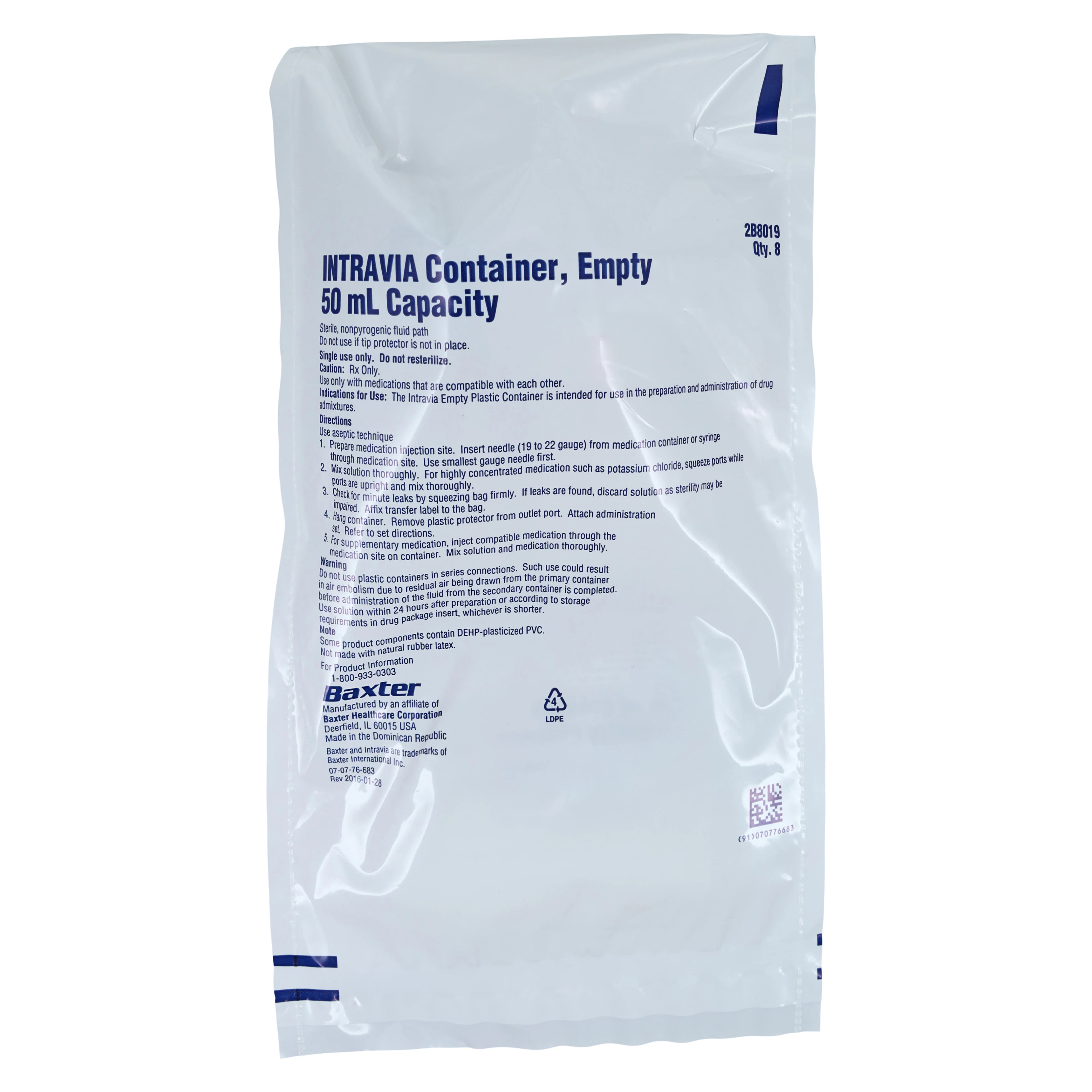 Baxter Intravia Infusion Supply Container, 50 mL, Empty, Sterile, 48/Case