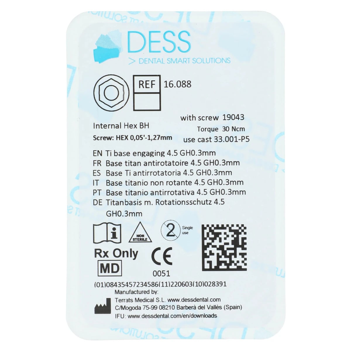 DESS Ti-Base Engaging 4.5, BioHorizons Internal Hex, .3mm, Each