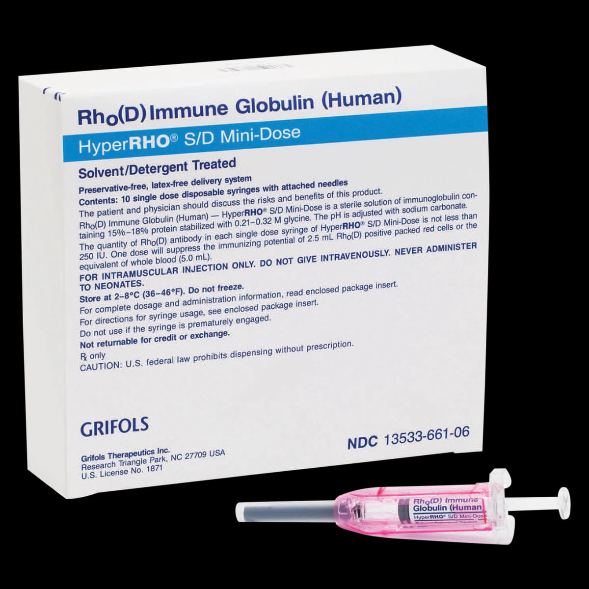 HyperRho S/D Mini-Dose Syringe, 250u/mL, Non-Returnable, Prefilled, 0.17mL, 10/Package