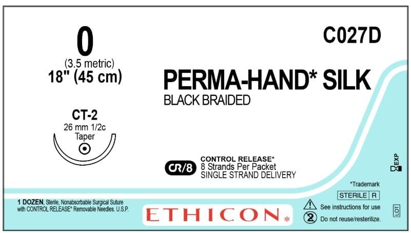 Ethicon Perma-Hand Silk Braided Non-Absorbable Suture, Size 0, 8-18", CT-2 Blunt Taper Point 1/2 Circle Needle, Black, 1 dz/Box, C027D