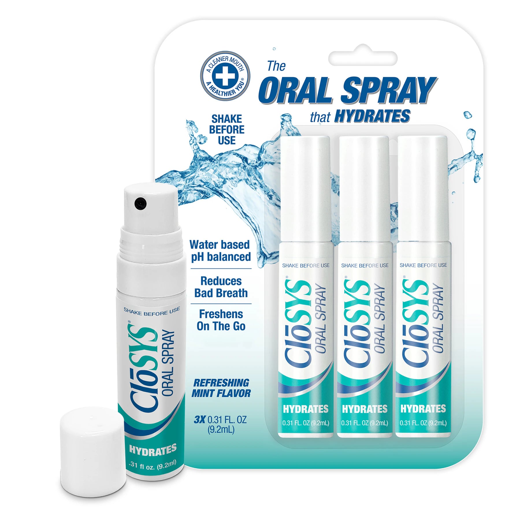 CloSYS Oral Spray, Mint Flavor, 0.31 oz (9.2 ml) Bottle, 3/Pkg, 3C-.31-3PK