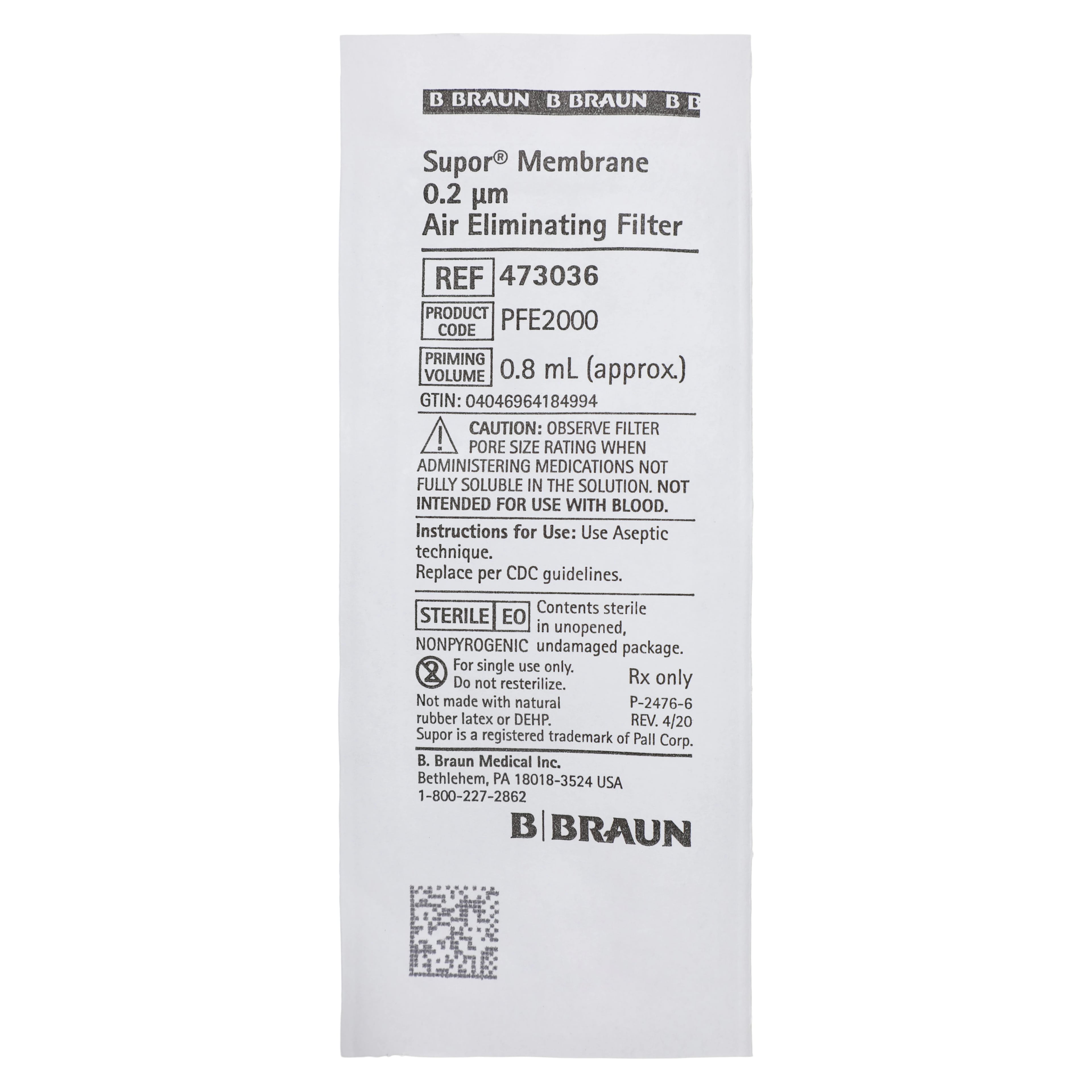 B. Braun Supor Filtered Extension Set, 0.2 Micron Air-Eliminating Filter, 0.8 mL Priming Volume, 16" Add-On, Female Luer Lock/Spin Connector, Low Volume, 50/Case