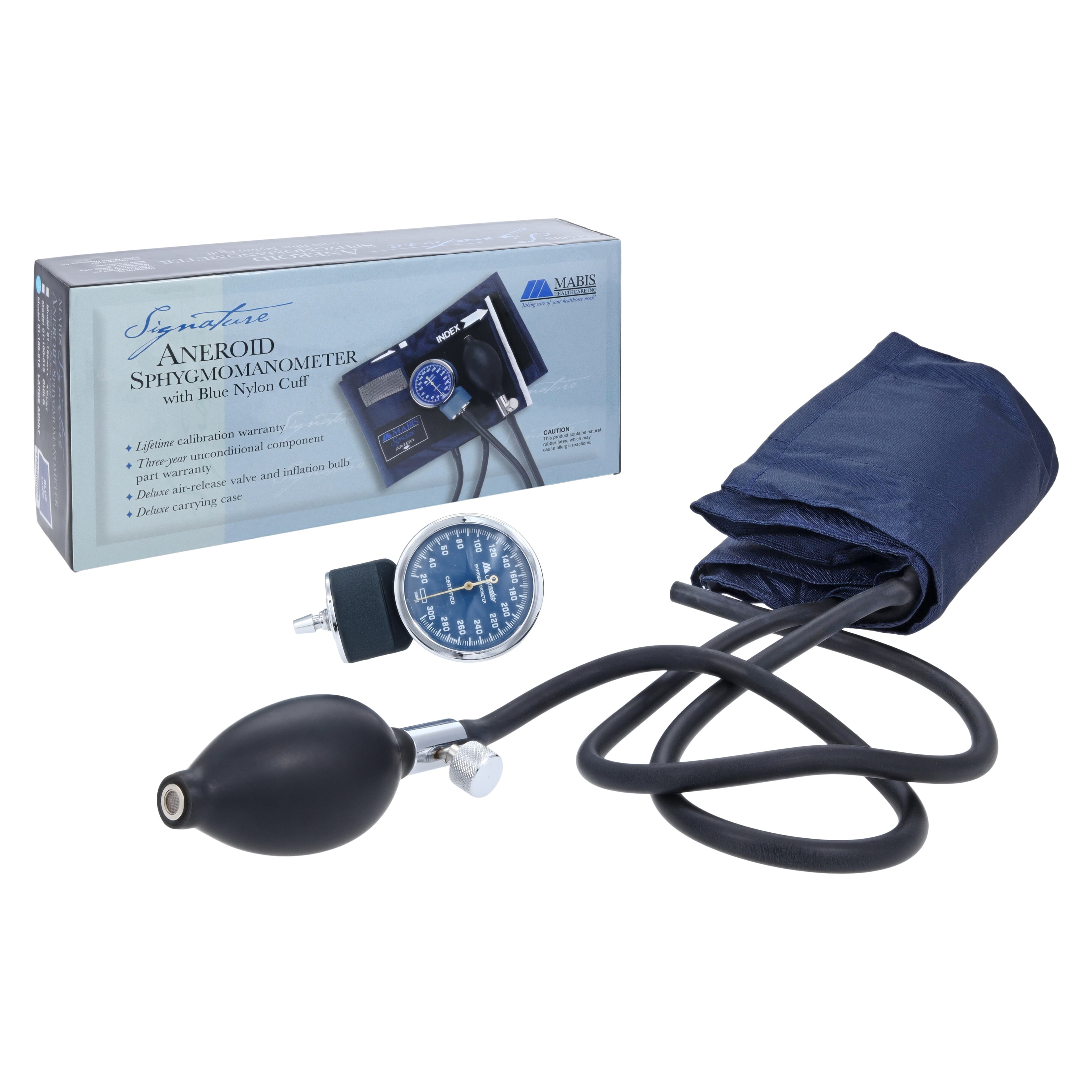 Signature Aneroid Sphygmomanometer, Blue, Latex Arm Cuff, Dial Display, Pocket Aneroid Nylon
