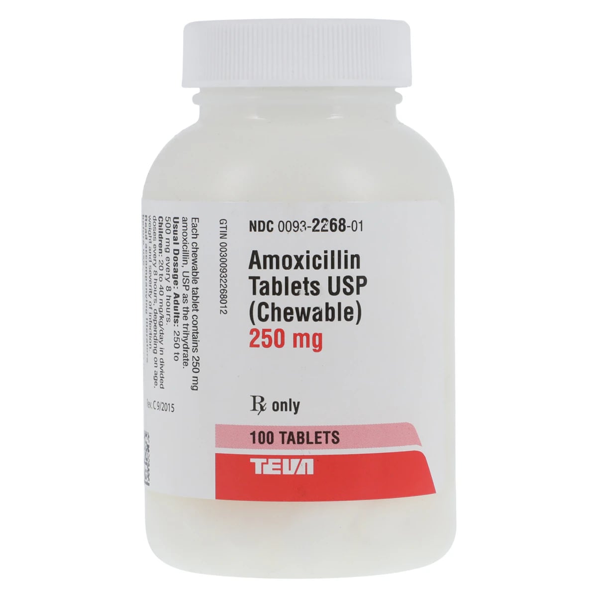 Amoxicillin Chewable Tablets, 250mg, 100/Bottle, Teva Pharmaceuticals