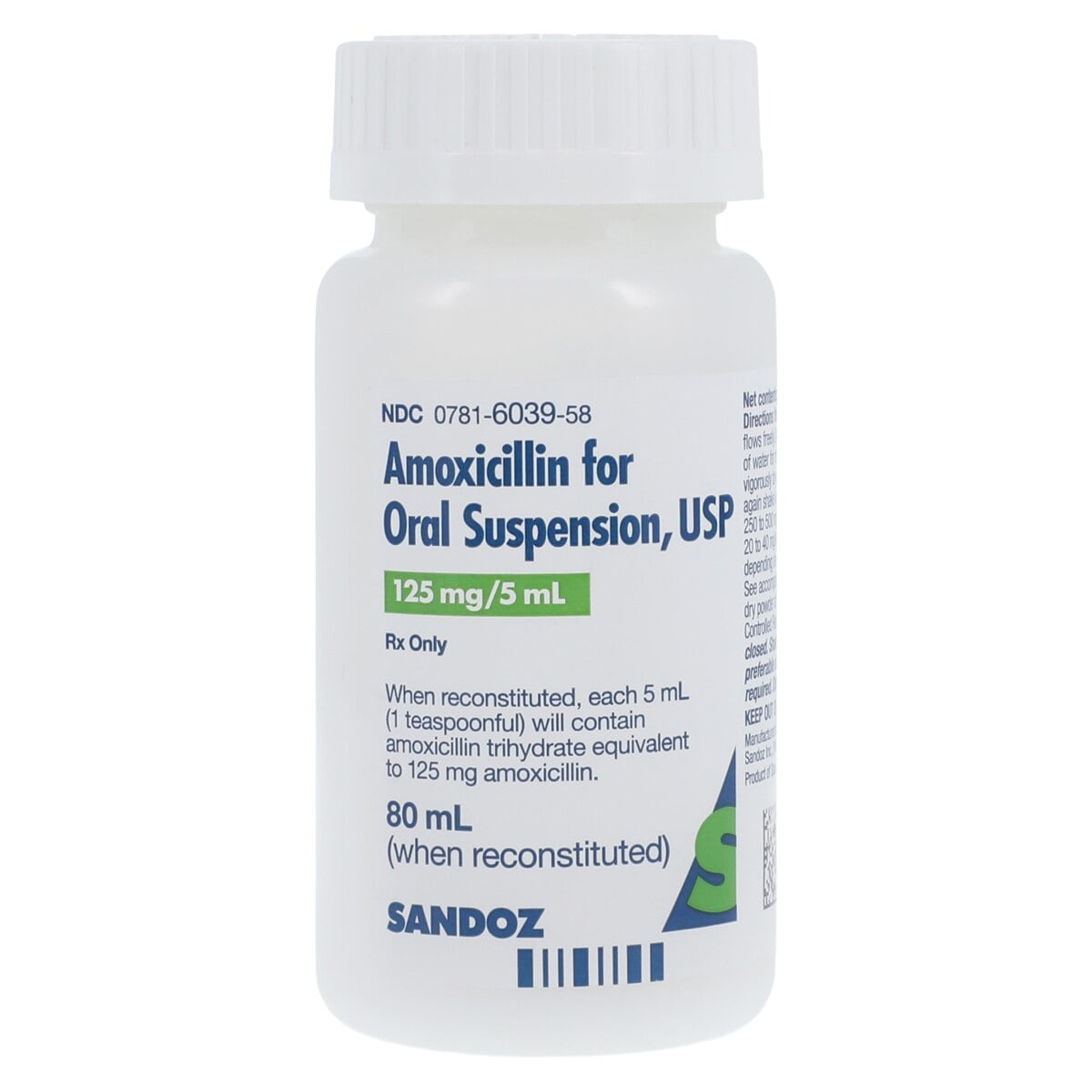 Amoxicillin Oral Suspension 125mg/5mL, Fruity Flavor, 80mL Bottle, Sandoz