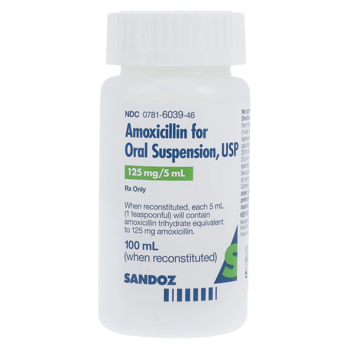 Amoxicillin Oral Suspension 125mg/5mL, Fruity Flavor, 100mL Bottle, Sandoz