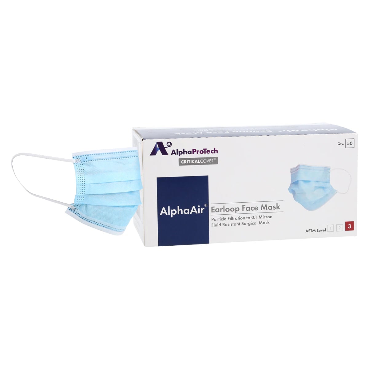 ALPHA AIR® Critical Cover® Earloop Face Mask, ASTM Level 3, Blue, 50/Box, BL5005