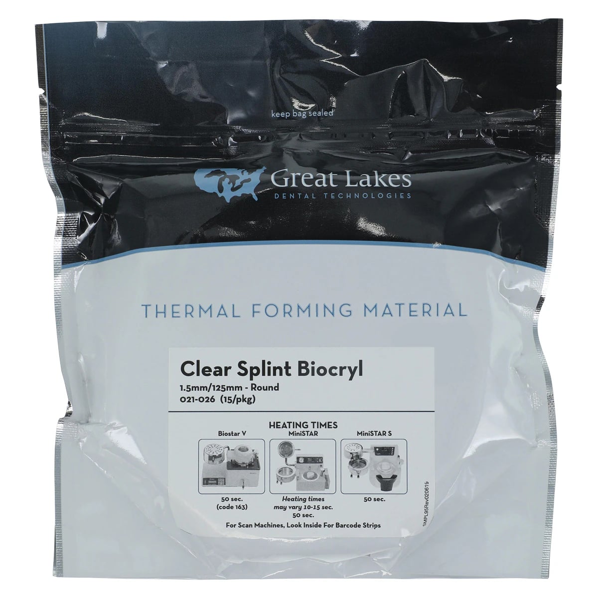 Great Lakes Splint Biocryl Clear Round Vacuum-Forming Sheets, 1.5mm (0.060") x 125mm, Pack of 15