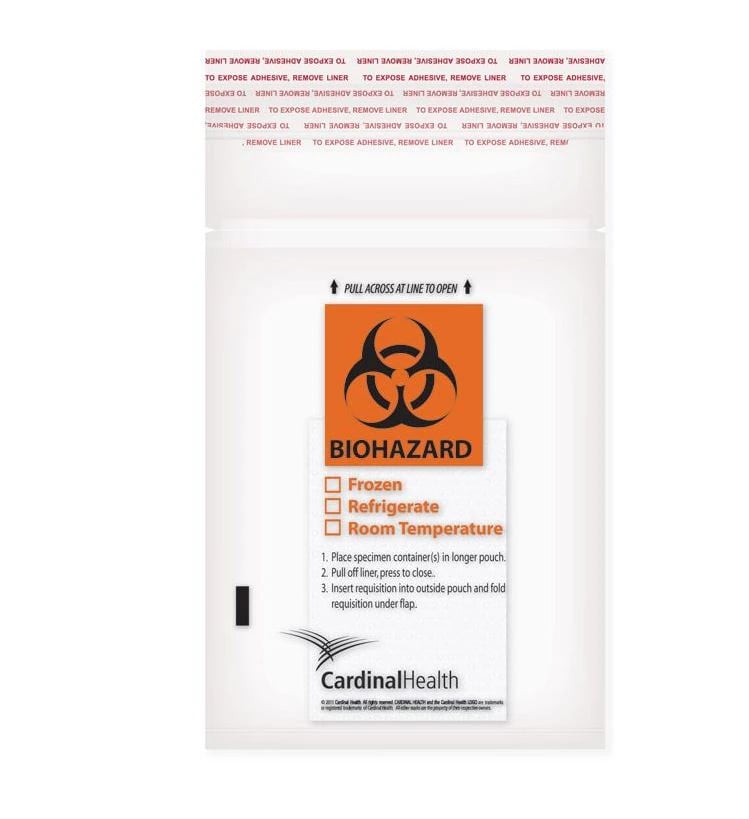 Cardinal Health Biohazard Specimen Transport Bag, 2 mil, 6" x 9", Clear with Zipper Closure, 500/Box
