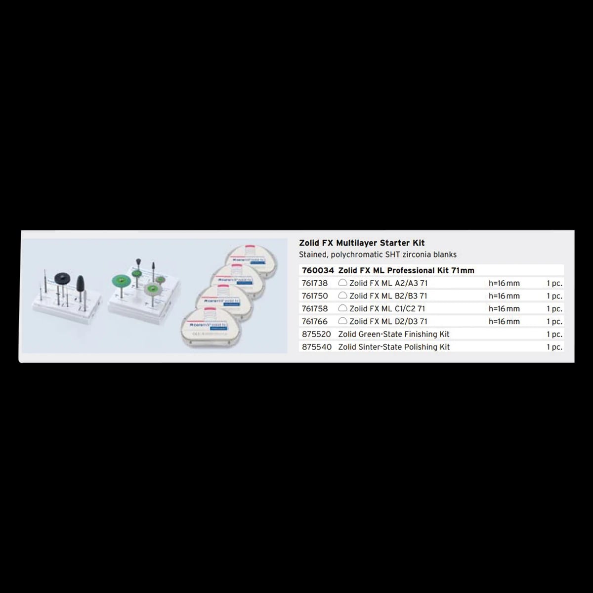 Zolid FX ML Professional Kit, Ceramill FXML Zirconia Disc, Assorted, 98mm, 6/Box