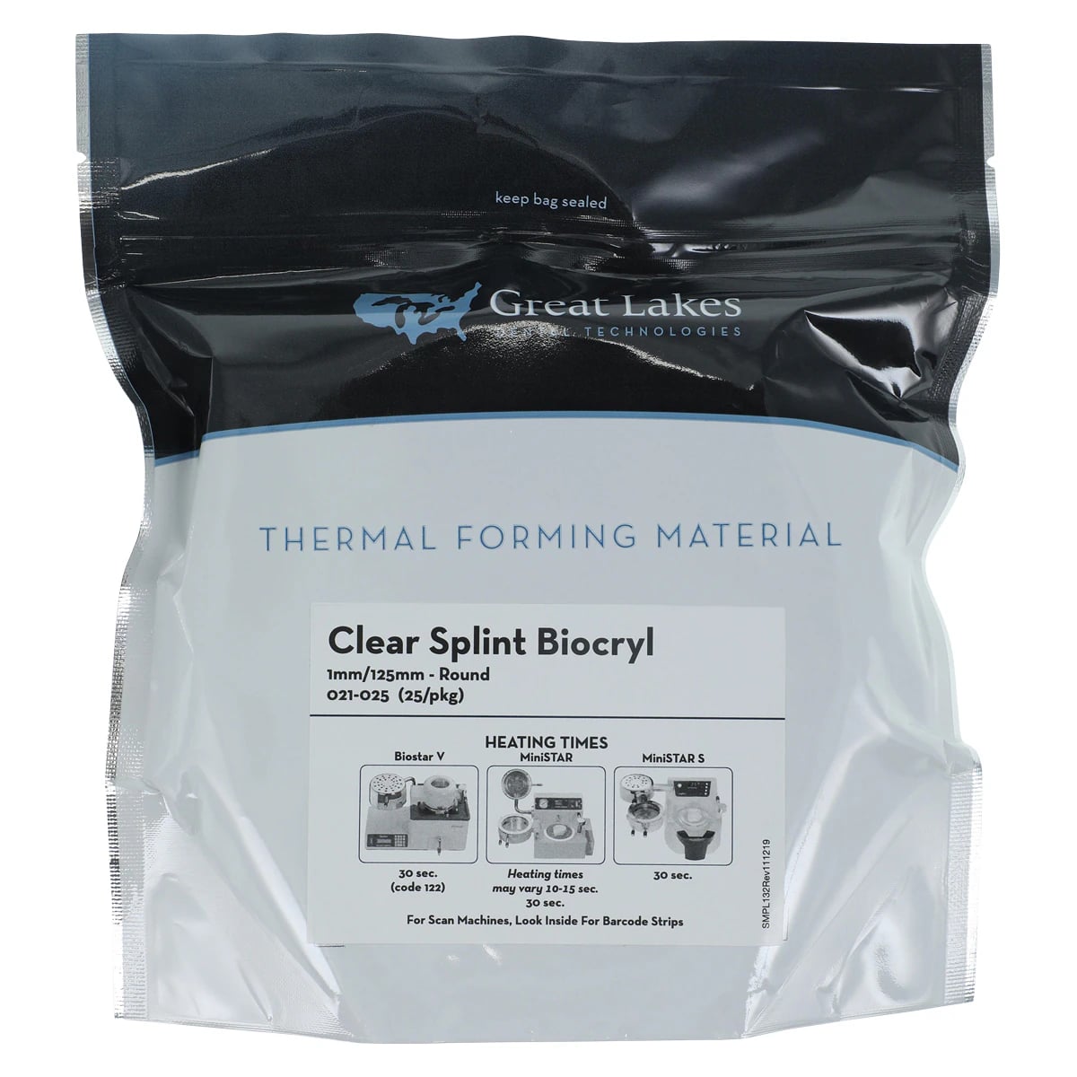 Great Lakes Splint Biocryl Clear Vacuum-Forming Splint Material, 1mm x 125mm Round, Pack of 25