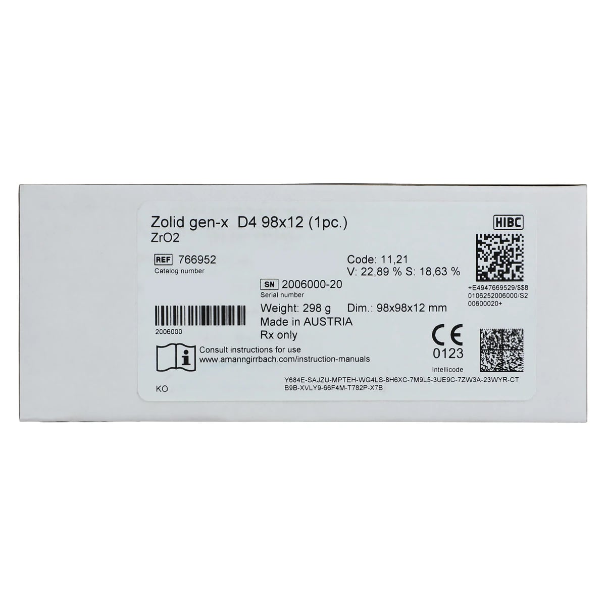 Zolid Gen-X D4 Zirconia Disc, 98x12mm, Each