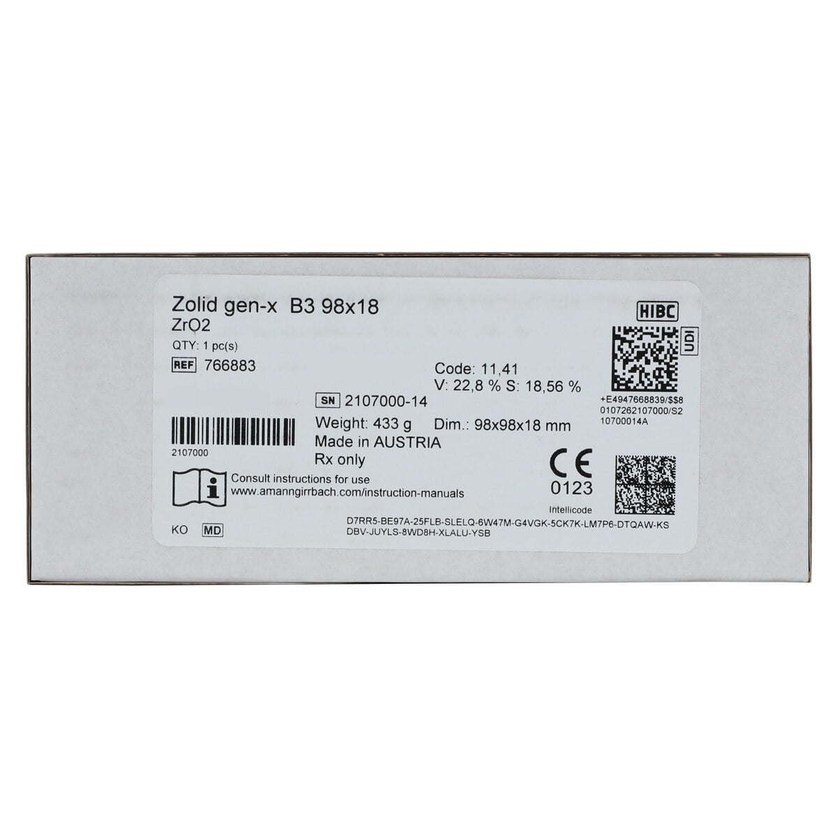 Zolid Gen-X B3 Zirconia Disc, 98x18mm, Each