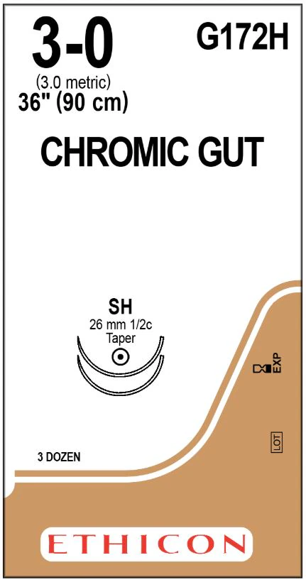 Ethicon Chromic Surgical Gut Suture, 3-0, 36", SH Taper Point 1/2 Circle Needle, 36/Bx, G172H