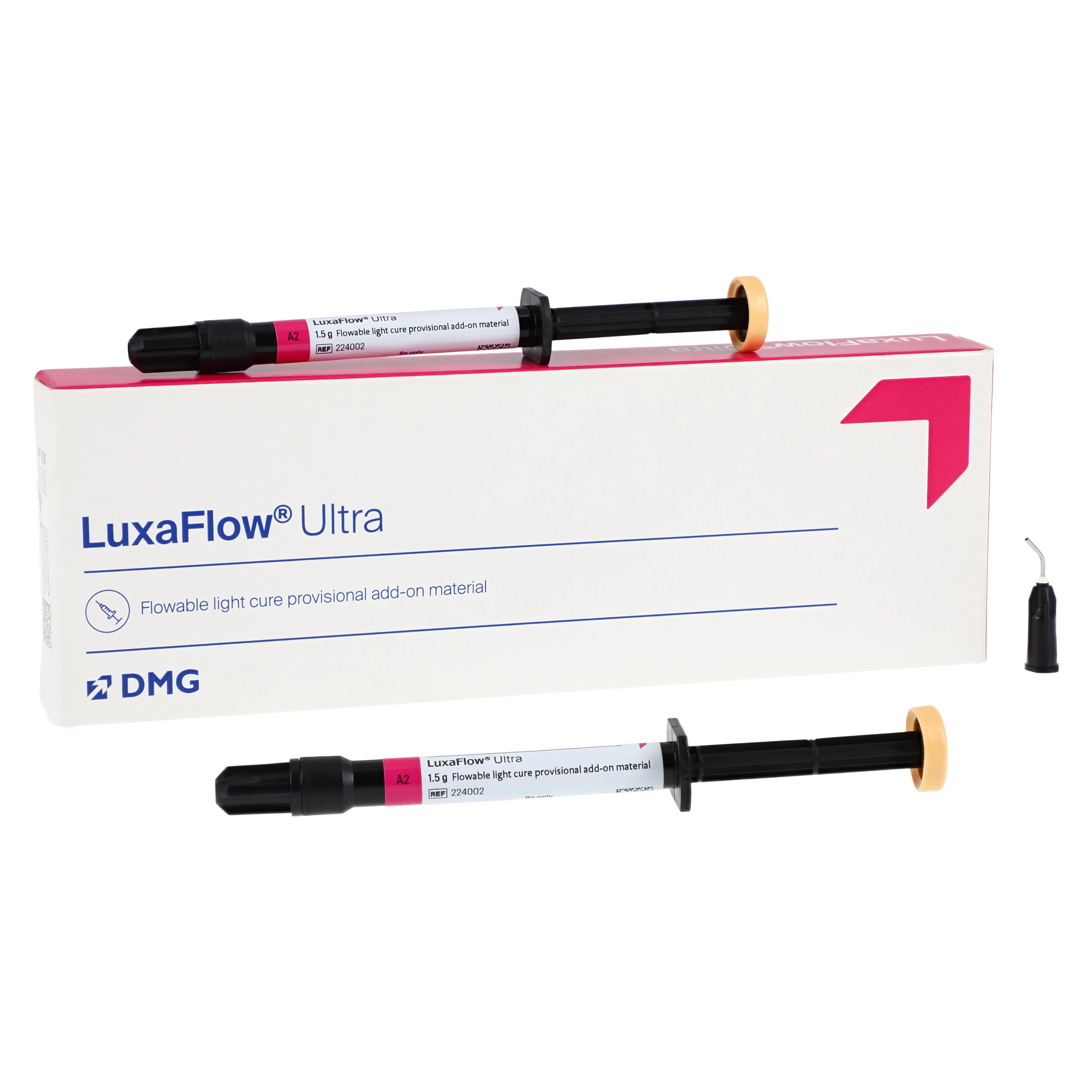 LuxaFlow Ultra Flowable Light-Cure Provisional Add-On Resin, Shade A2, Refill Kit (2 x 1.5 g Syringes + 10 Tips), 224002