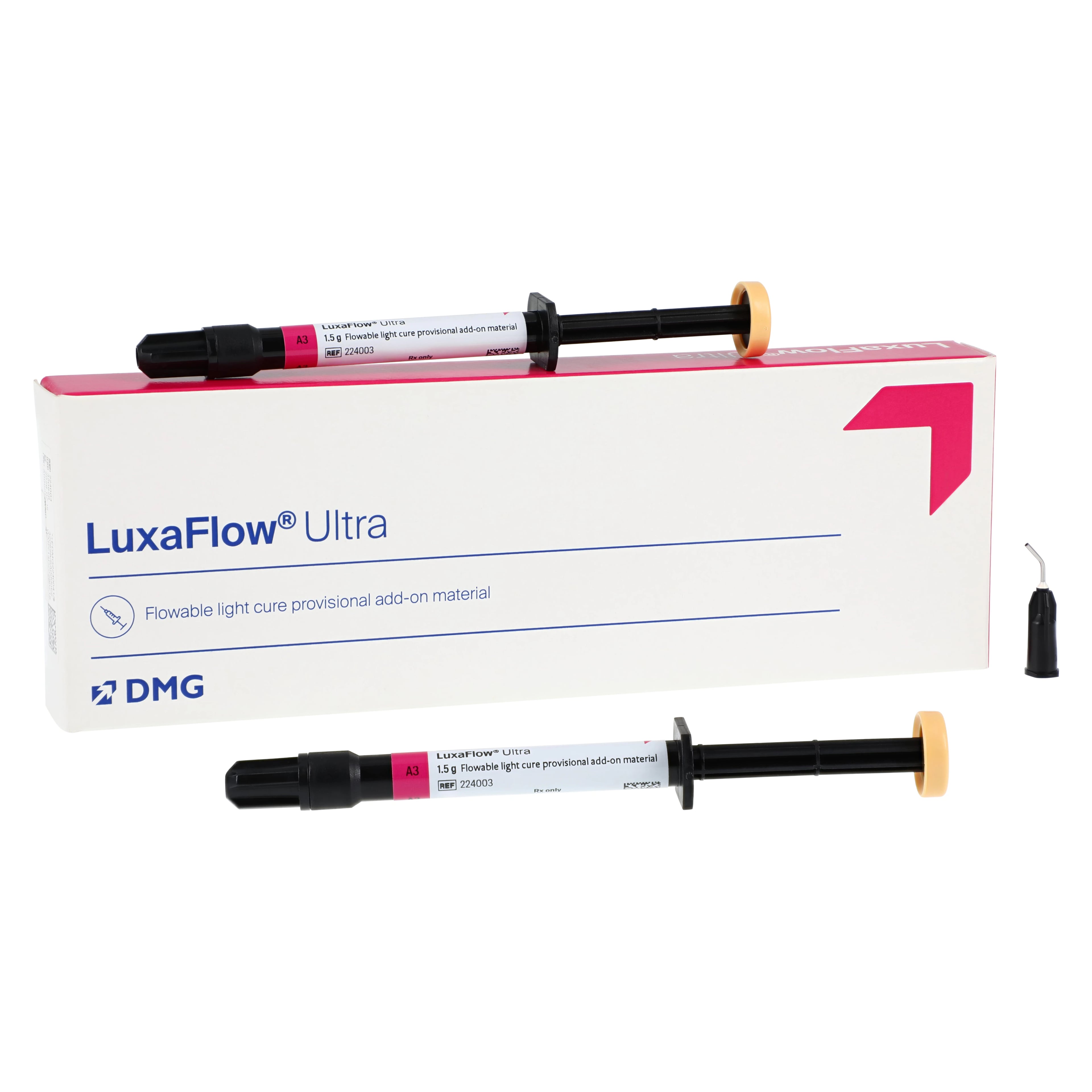 LuxaFlow Ultra Flowable Light-Cure Provisional Add-On Resin, Shade A3, Refill Kit (2 x 1.5 g Syringes, 10 Tips), 224003
