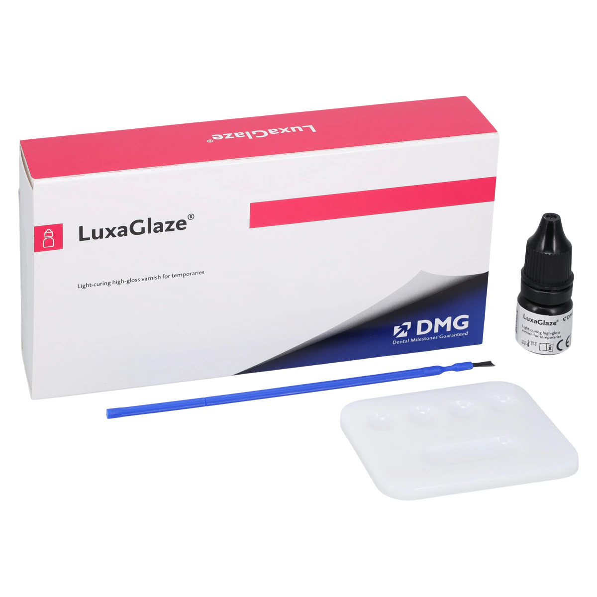 LuxaGlaze Light-Cured High-Gloss Varnish Kit, 5 ml Dropper Bottle, 25 Brushes, 1 Mixing Palette, 212075