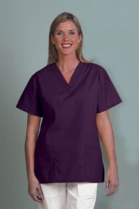 Fashion Seal Fashion Poplin Scrub Shirt, V-Neck, Short Sleeve, 2 Pockets with Scissor Holder, Women's, Small, Eggplant