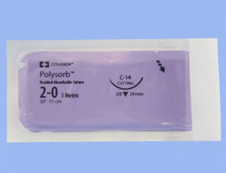 Medtronic Polysorb Absorbable Suture, 2-0, 30" Polyester Braid, C-14 Reverse Cutting 3/8 Circle Needle 24mm, Violet, 36/Case