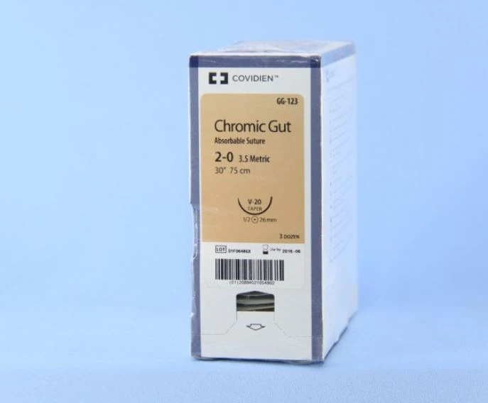 Surgigut Chromic Gut Suture, 2-0, 30", Absorbable, Undyed, V-20 Taper Point 1/2 Circle Needle 26mm, 36/Case