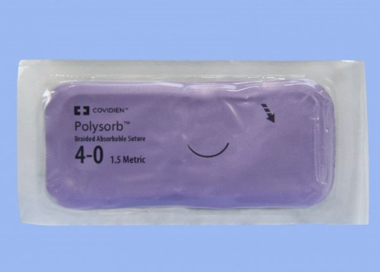 Medtronic Polysorb Suture, 4-0, 30", P-14 Premium Reverse Cutting 3/8 Circle Needle 24mm, Coated, Undyed, 36/Case