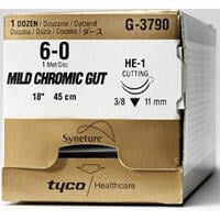Surgigut Chromic Gut Suture, 6-0, 18", Absorbable, HE-1 Reverse Cutting 3/8 Circle Needle 11mm, Undyed, 12/Case