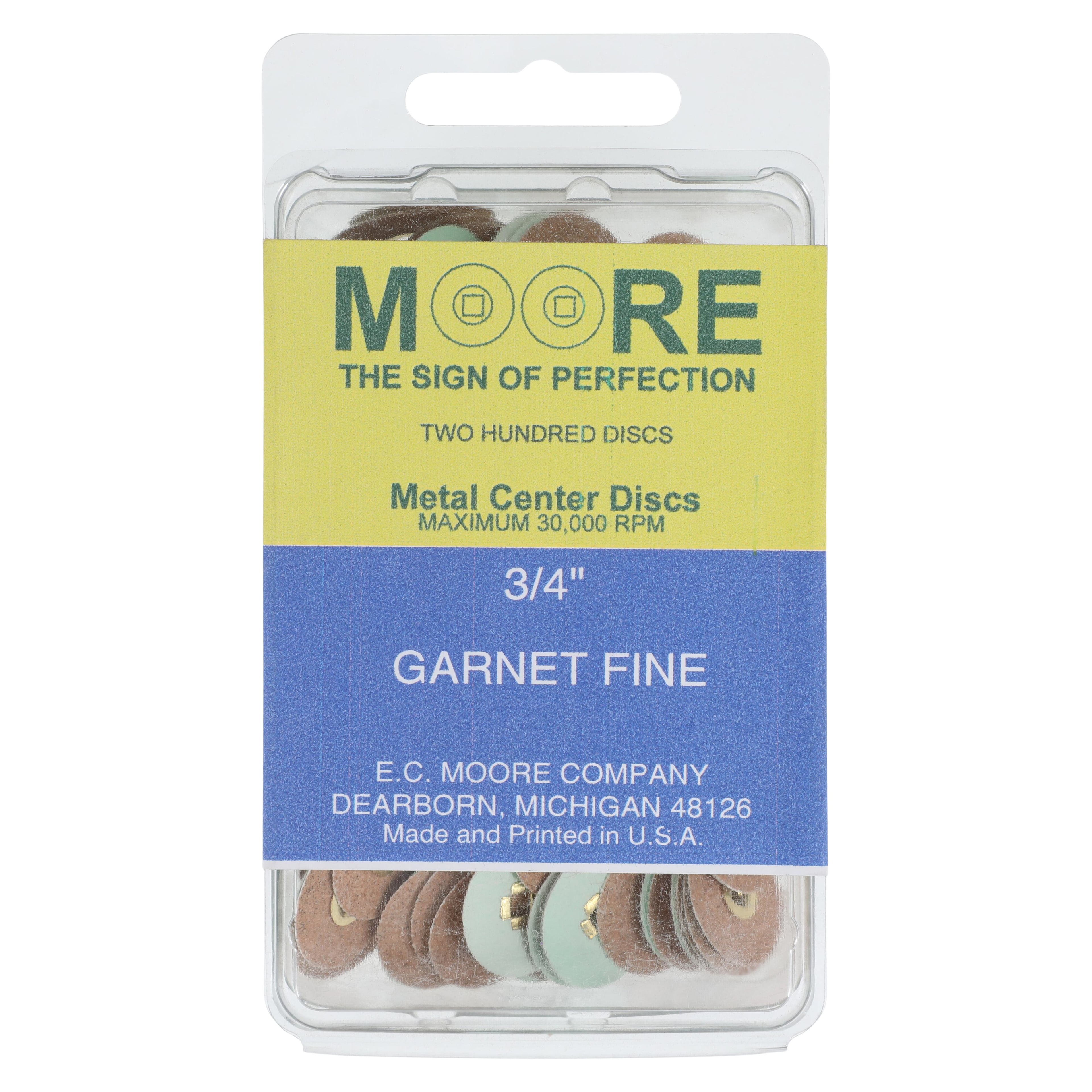 E.C. Moore Garnet Abrasive Paper Discs, Brass Center, 3/4", Fine Grit, 200/Box