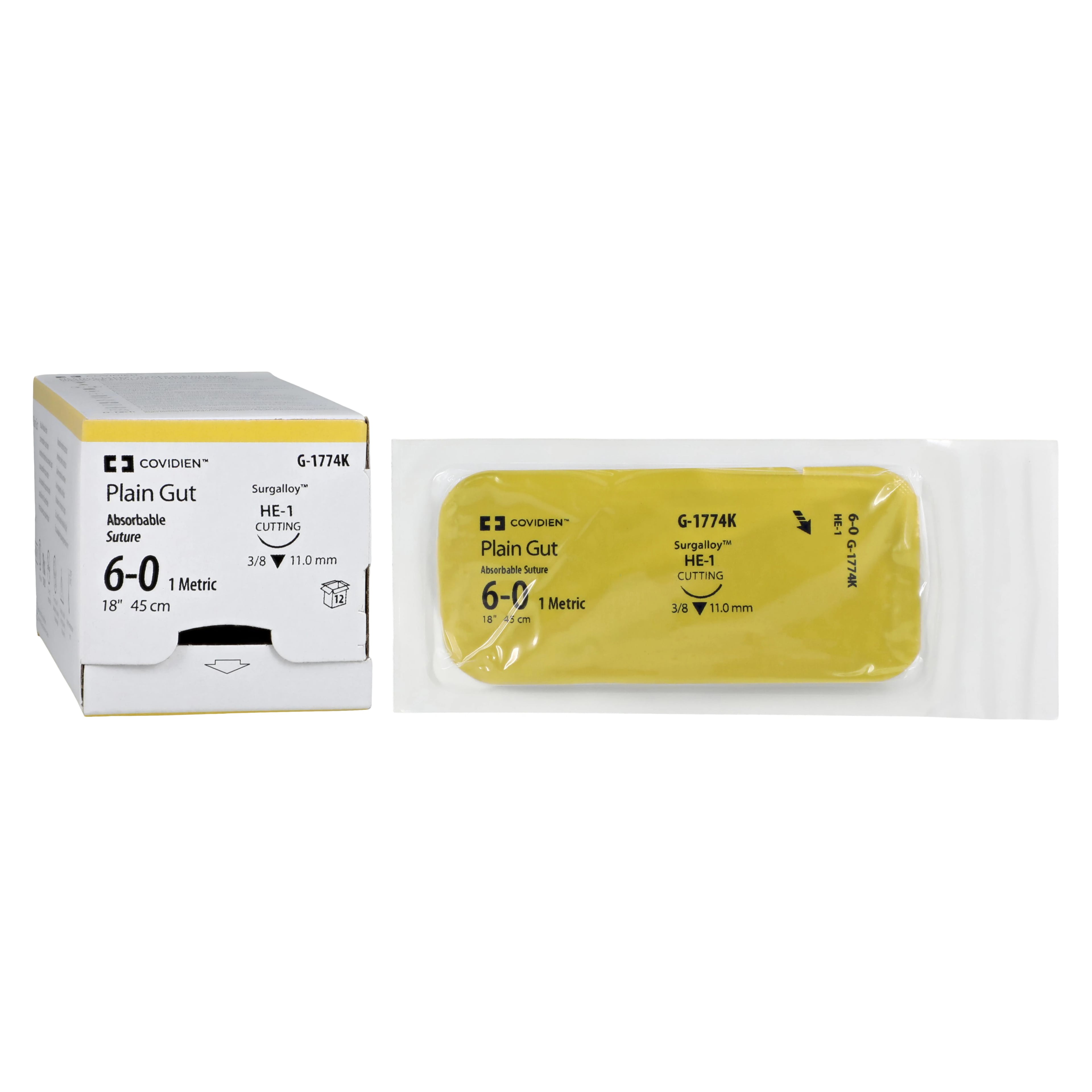 Surgigut Suture Plain Gut Monofilament 6-0, 18" Absorbable, HE-1 Reverse Cutting 3/8 Circle Needle 11mm, Uncoated Undyed, 12/Case