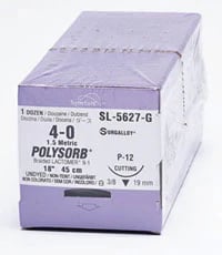 Medtronic Polysorb Absorbable Suture, 4-0, 18", P-12 Premium Reverse Cutting 3/8 Circle Needle 19mm, Undyed, 12/Box