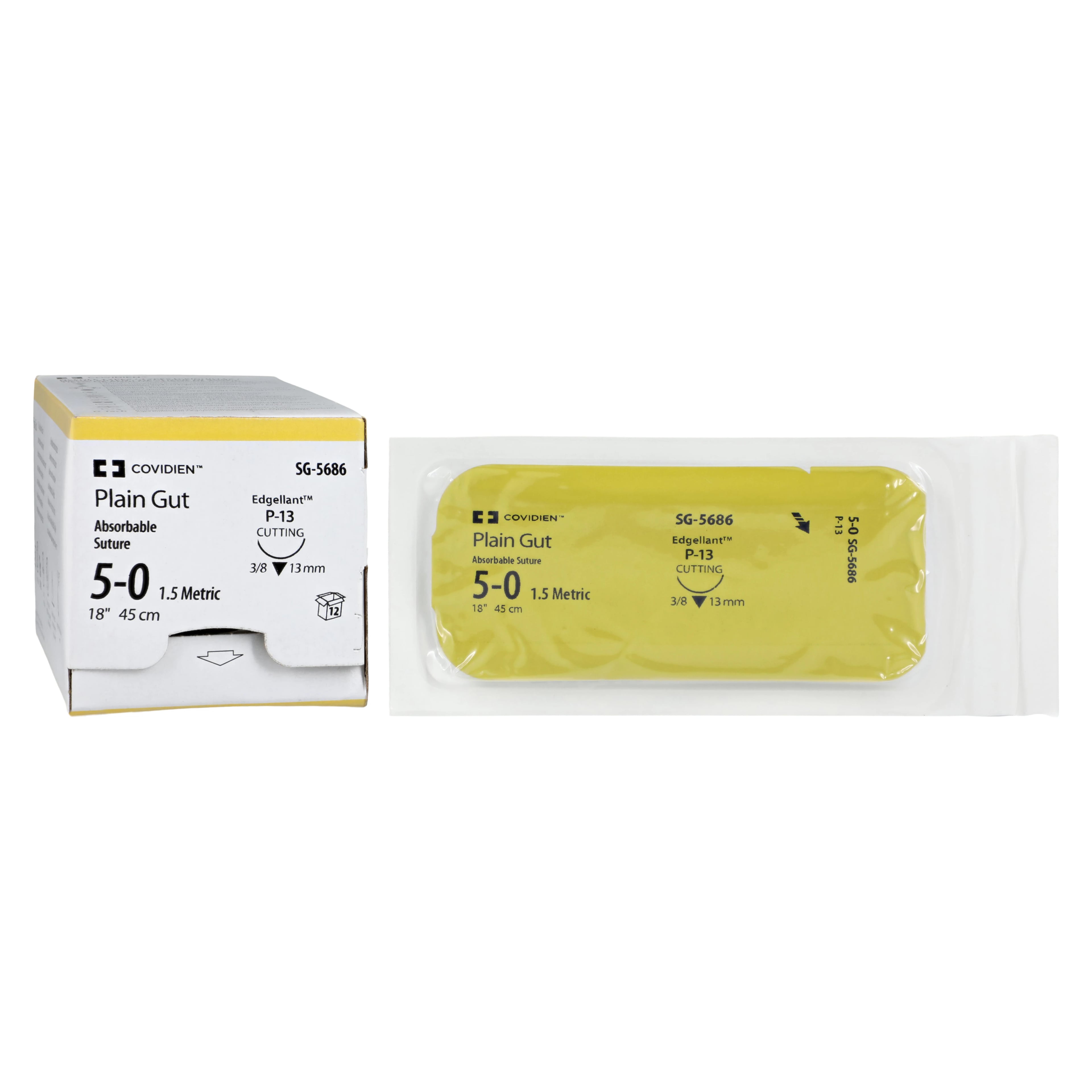 Surgigut Suture Plain Gut Monofilament 5-0, 18", Absorbable, P-13 Premium Reverse Cutting 3/8 Circle Needle 13mm, Uncoated, Undyed, 12/Case