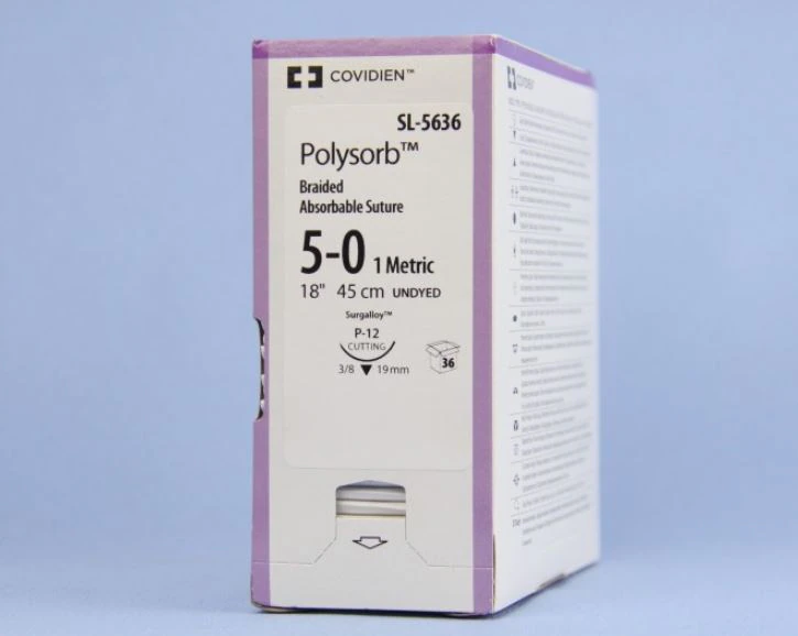 Medtronic Polysorb Absorbable Suture, 5-0, 18", P-12 Premium Reverse Cutting 3/8 Circle Needle 19mm, Undyed, 36/Case