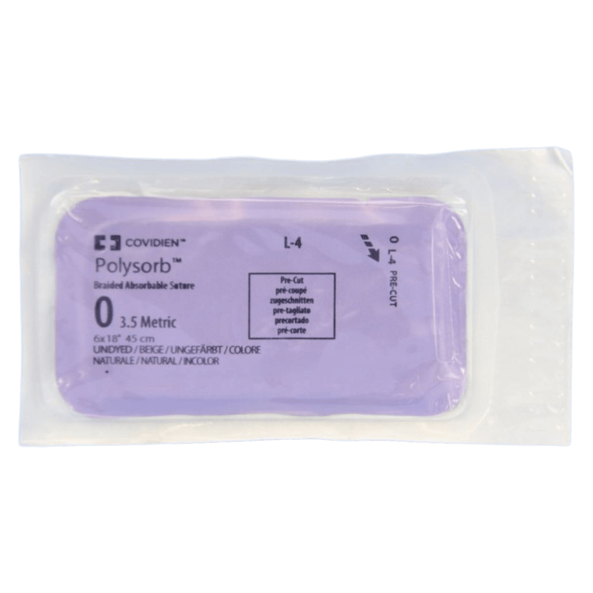 Medtronic Polysorb Absorbable Suture, Size 0, 18" Pre-Cut, Coated, Undyed, Polyester Braid, 24/Case