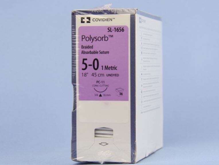 Medtronic Polysorb Absorbable Suture, 5-0, 18", PC-11 Conventional Cutting 3/8 Circle Needle 16mm, Undyed, 36/Case
