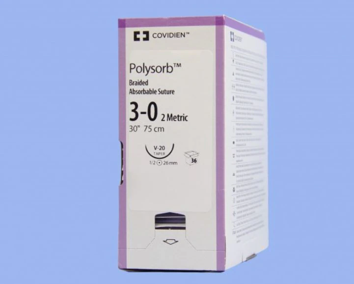 Medtronic Polysorb Absorbable Suture, 3-0, 30", V-20 Taper Point 1/2 Circle Needle 26mm, Violet, 36/Case