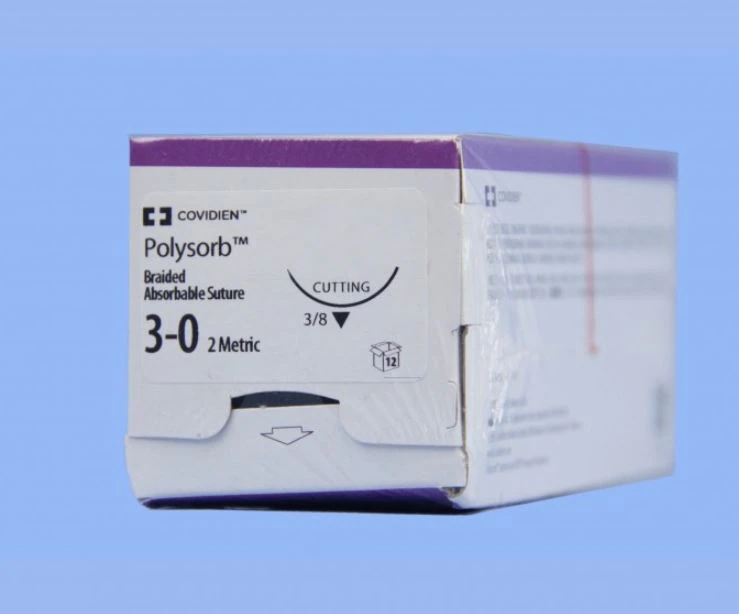 Medtronic Polysorb Suture, 3-0, 18" Polyester Braid, Absorbable, P-14 Premium Reverse Cutting 3/8 Circle Needle 24mm, Coated, Undyed, 12/Case