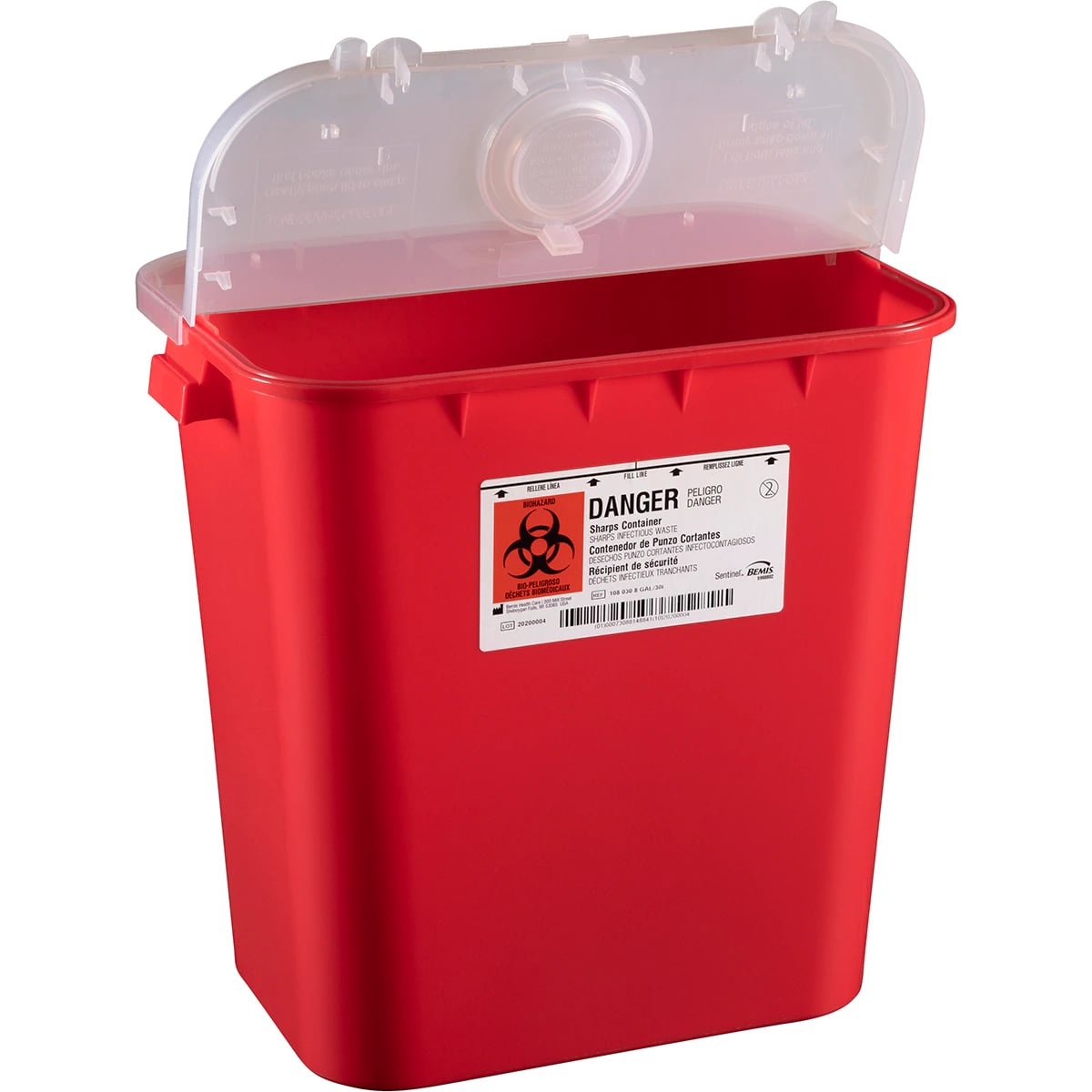 Sentinel Sharps Container, 8 Gallon, Red, Hinged Lid, Second Round Opening, 16-1/2" x 11-13/16" x 15-7/8", Each