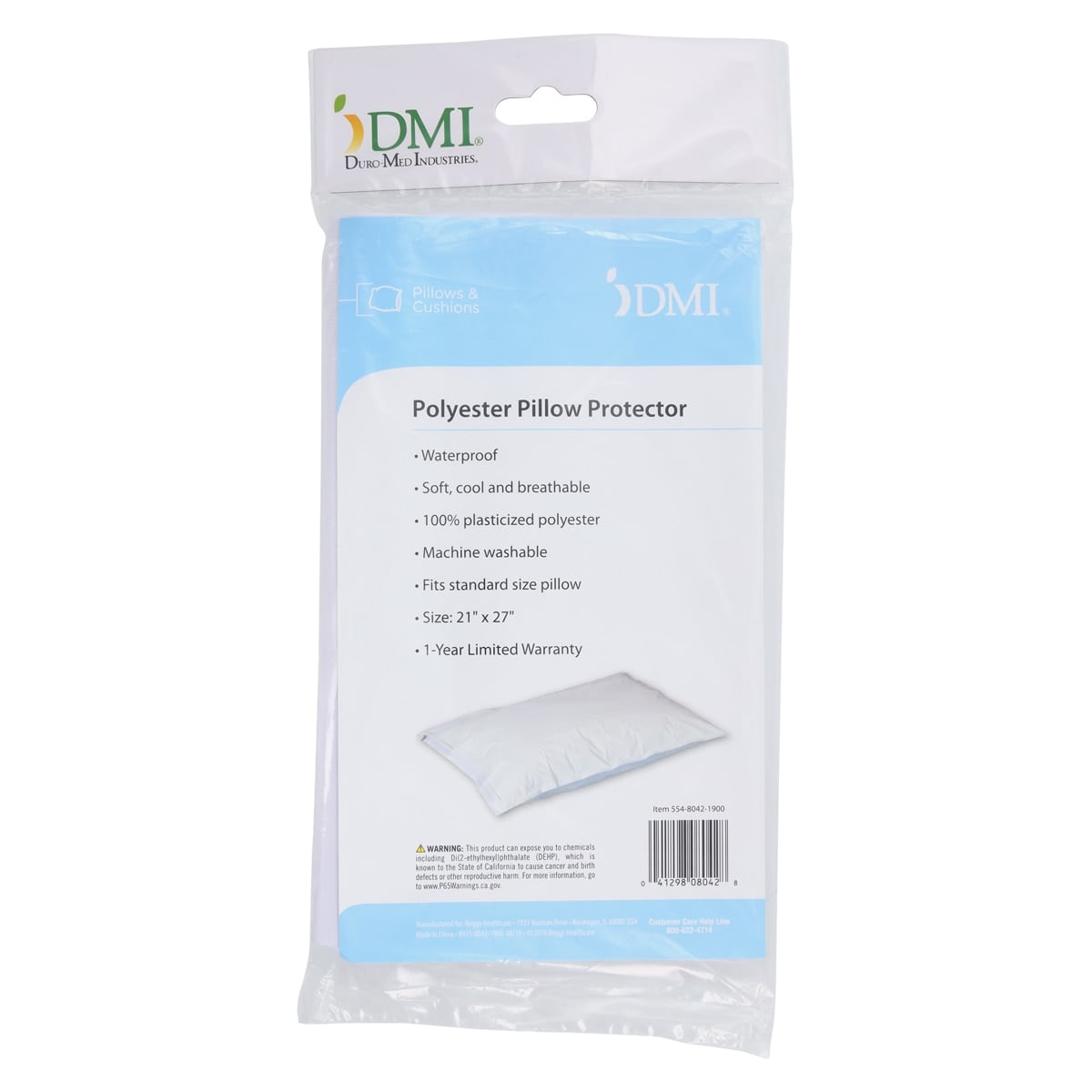Duro-Med Pillow Cover, Plasticized Polyester, Reusable, Zippered, 21 in x 27 in, White, Each