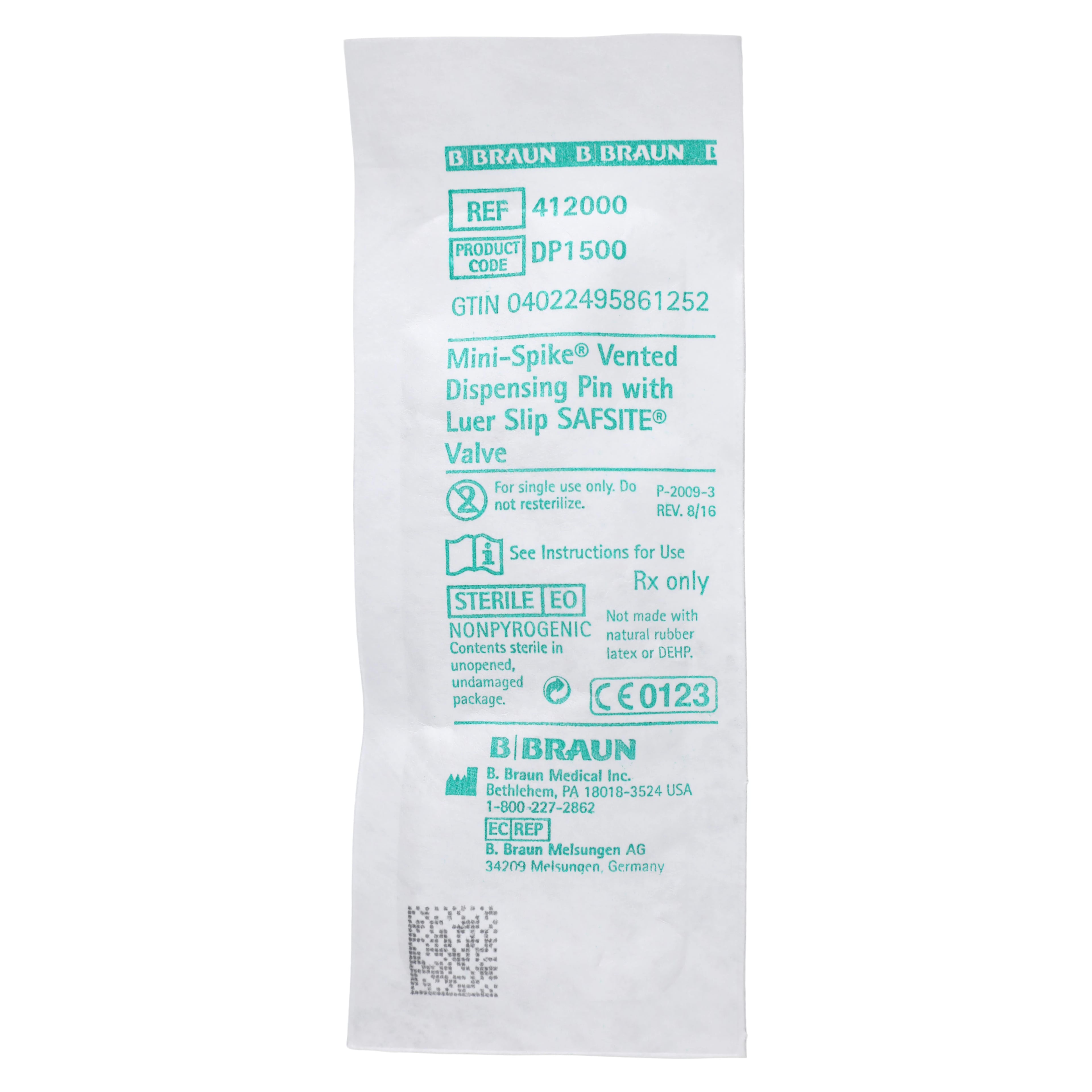 B. Braun Mini-Spike Dispensing Pin, Needleless, with Bacterial Retentive Air Venting Filter, Luer Slip Connector, SafSite Automatic 2-Way Valve, Non-DEHP/Non-PVC, Sterile, 50/Case